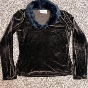 Timins Y2K Brown Velvet Top with Black Faux Fur Collar